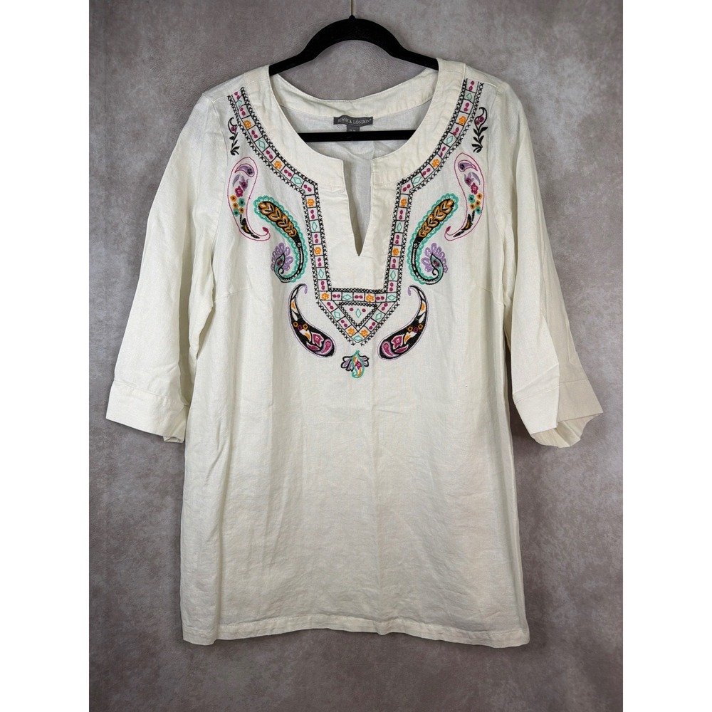 Jessica London Tunic Top 20W Cream White Linen Blend Embroidered Boho 3/4 Slv